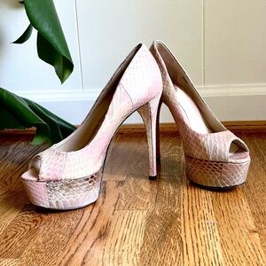 Brian Atwood Authentic Snakeskin Pink and Beige Platform Formal Pumps Sz…